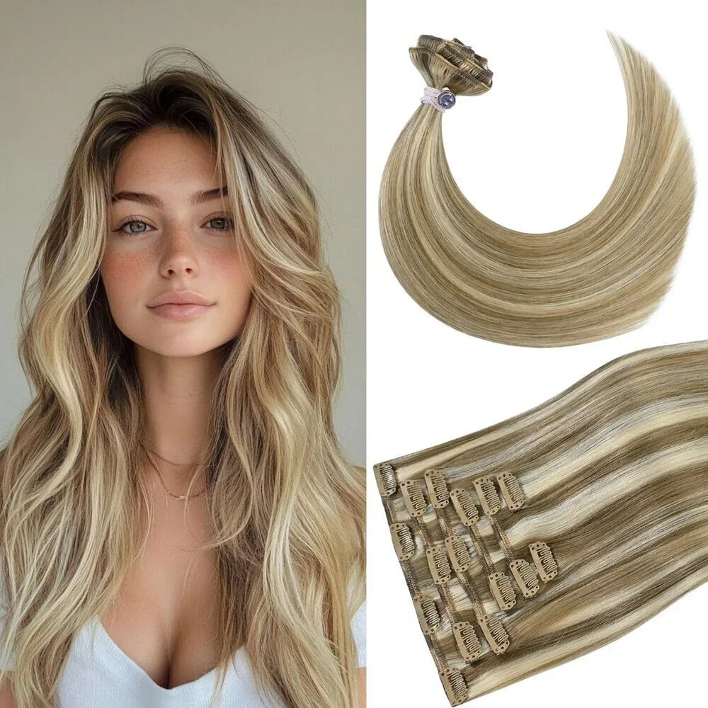 Blonde Hair Extensions Real Human Hair Clip in Human Hair for Women Straight Gol